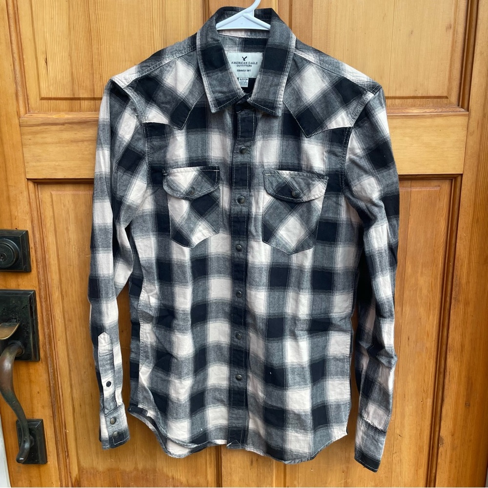 Black and white checkered plaid pearl snap